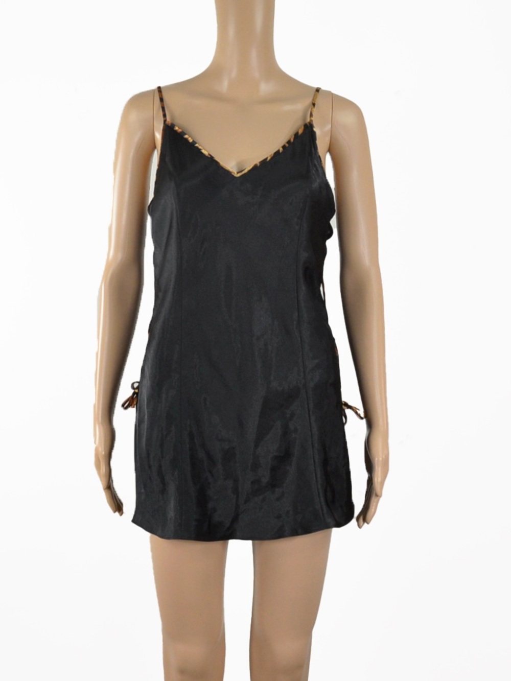 Vintage Fredricks of Hollywood Black Satin Leopard Print Lace Up Slip Dress Y2K